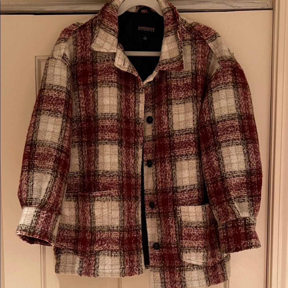 Anthropologie Red and Cream Plaid Teddy Jacket